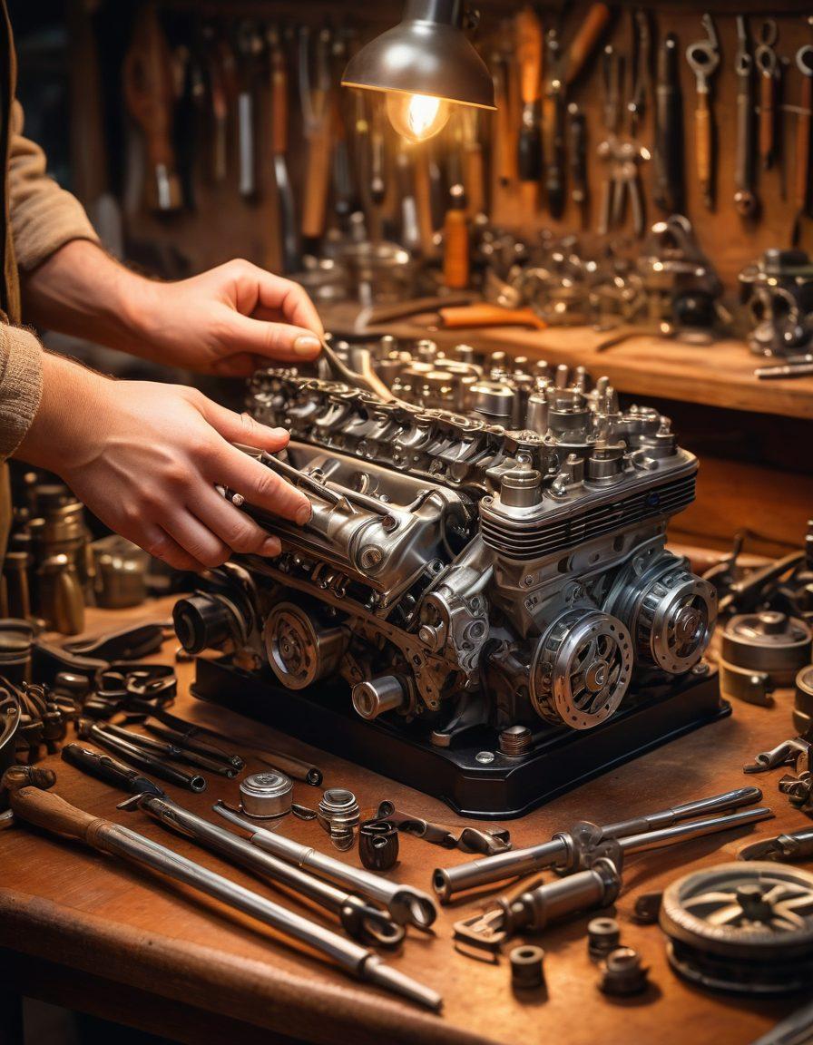 A close-up of skilled hands lovingly working on a vintage car, showcasing tools and intricate details of the engine. The backdrop features warm lighting, evoking a cozy workshop atmosphere filled with automotive memorabilia. Emphasize the passion and dedication in the hands, with a heart symbol faintly visible on the workbench. super-realistic. warm colors. soft focus.