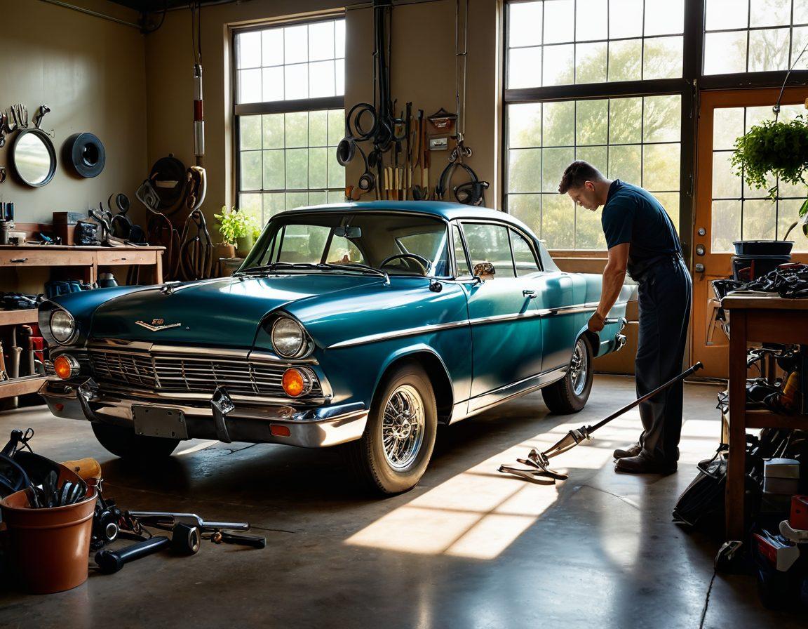 A mechanic lovingly polishing a classic car, surrounded by tools and automotive parts, with warm sunlight streaming through a garage window. The scene conveys a sense of care and dedication to maintaining the vehicle, showcasing the bond between man and machine. Elements of greenery can be seen subtly in the background, symbolizing growth and nurturing. super-realistic. warm colors. soft lighting.