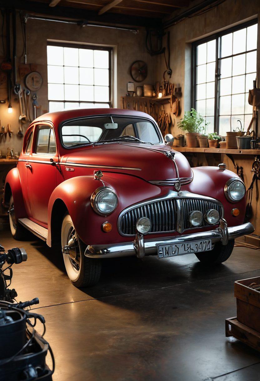 A warm, inviting workshop filled with tools and car parts, showcasing a mechanic gently repairing a vintage car with a loving touch, surrounded by soft glowing lights and heart-shaped icons floating in the air. The mechanic has a kind expression, symbolizing care and affection in automotive maintenance. Include elements of nature like potted plants to enhance a soothing atmosphere. super-realistic. vibrant colors. cozy ambiance.